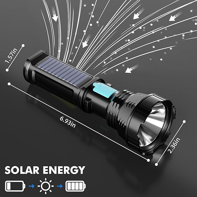 Solar/Rechargeable LED Flashlights, Multi Function Flashlight with 2000 mAh Battery, Emergency Strobe Light, Waterproof, Fast USB Charging, Survival Gear and Supplies for Emergencies Camping