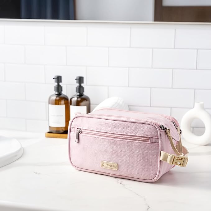 PAVILIA Toiletry Bag for Women, Canvas Travel Dopp Kit, Water Resistant Hygiene Bag Toiletries Organizer, Shaving Kit Travel Accessories Bag, Pink