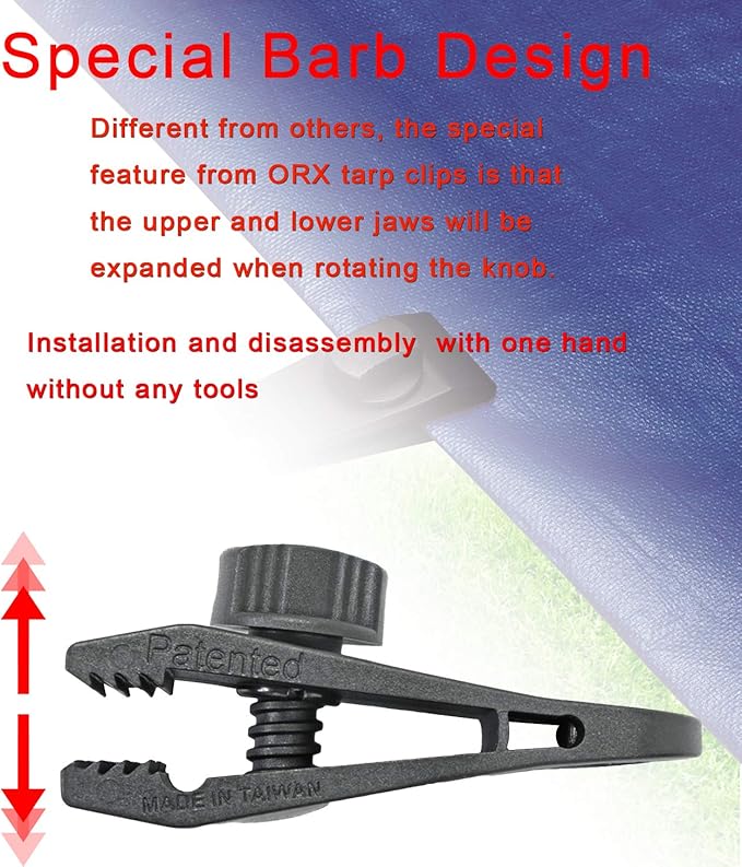 ORXPLUS TOOLS 4pcs Knot-free Tarp Clips Thumb Screw with Hook Tail Tent Clips Awning Clamp Set Tent Clamps for Camping Canopies, Car Cover, Winter Boat Cover, Pool Cover, Sun Shade