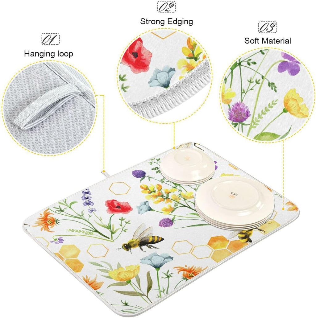 Wildflowers and Bees Dish Drying Mat for Kitchen Counter Absorbent Microfiber Drying Pad, Large 18x24 in, Reversible Drainer Mats