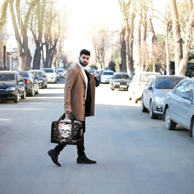 Skull Travel Duffel Bag, Floral Skull Weekender Overnight Bag Large Carry On Bag, Waterproof Sports Gym Bag Tote Workout Duffel Bag for Men Women