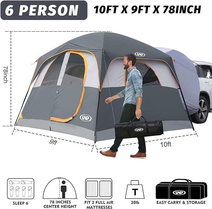 UNP SUV Tent for Camping, 6-Person SUV Tailgate Tent - Easy Set Up with Rainfly, 10'x9'x78in(H)