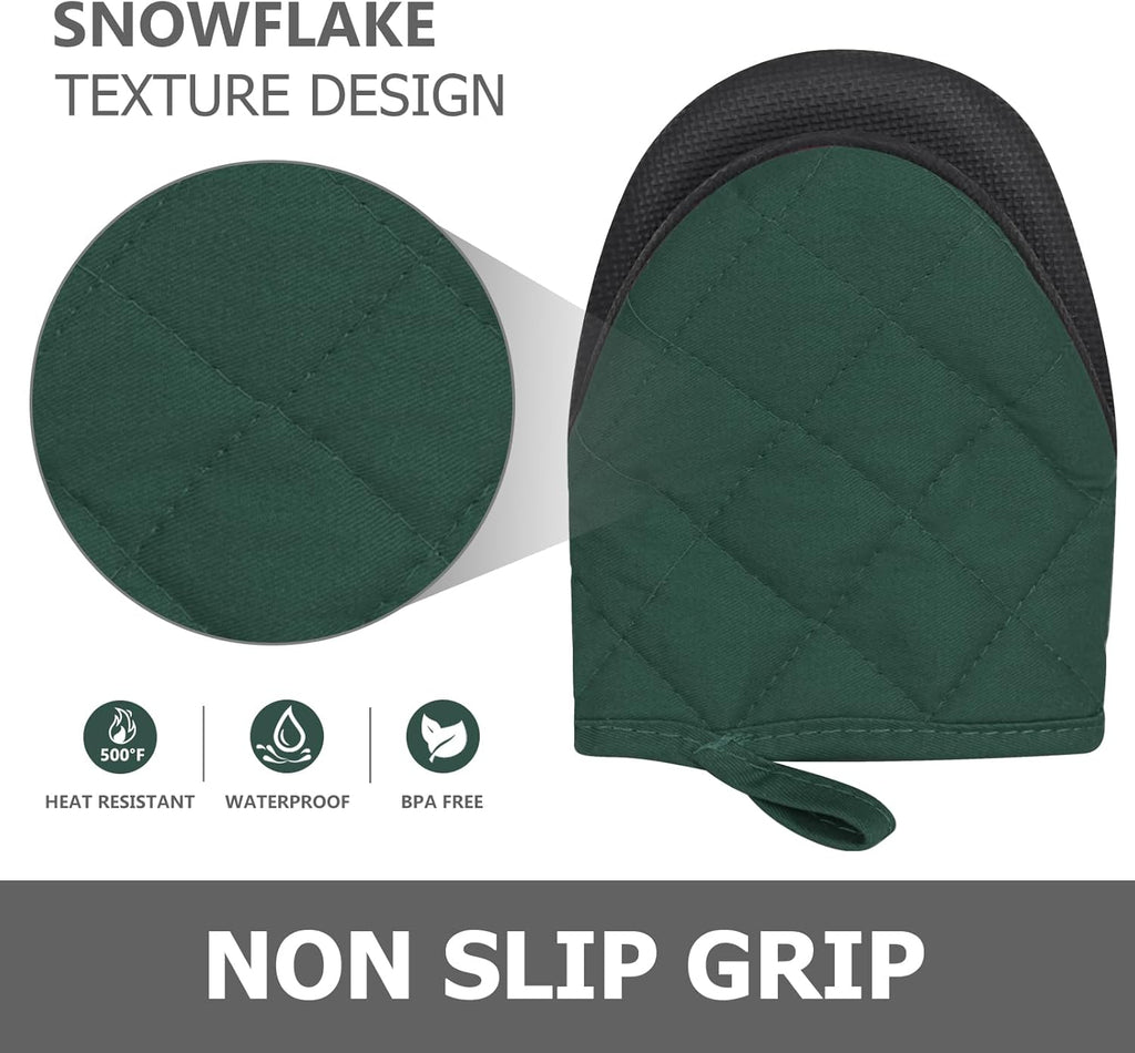 1 Pair Short Oven Mitts - Silicone Kitchen Oven Gloves High Heat Resistant 500℉, Mini Oven Mits with Non-Slip Grip Surfaces and Hanging Loop for BBQ, Baking, Cooking and Grilling (ArmyGreen)