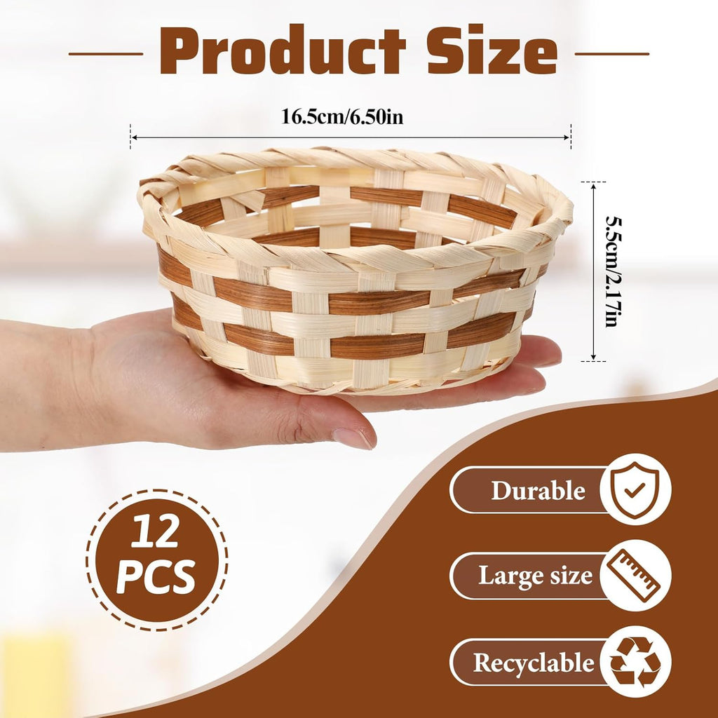 12 Pack Round Gift Baskets, 7" Small Bamboo Woven Bread & Fruit Baskets, Food Storage Serving Basket for Kitchen, Restaurant, Centerpiece Display, Party, Wedding