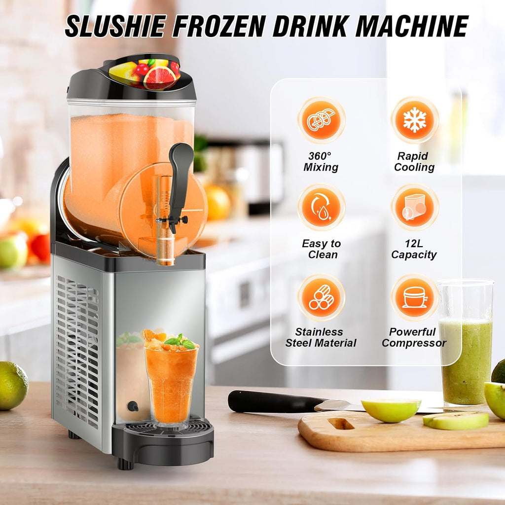 12L Commercial Slush Machine - Stainless Steel Slushie maker Frozen Drink Machine Commerical for Smoothies, Margaritas, Cocktails, Juices & Alcohol Beverages - Ideal for Bars, Cafés & Restaurants