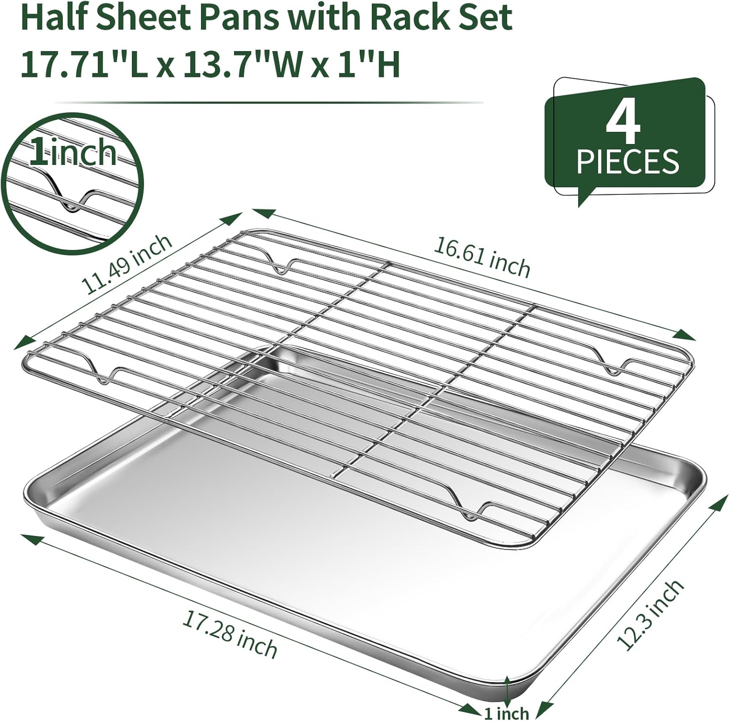 CEKEE Baking Sheet and Cooling Rack Set, 4PCS Stainless Steel Cookie Sheets for Baking with Baking Rack, Non Toxic & Heavy Duty & Easy Clean Baking Pan Tray for Toaster Oven, Size 18 x 12 x 1 Inch
