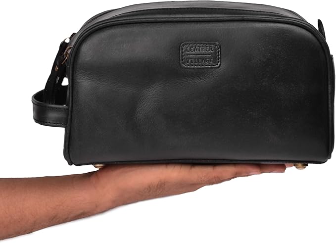LEATHER VILLAGE Premium Leather Toiletry Travel Pouch With Waterproof Lining - Black | King-Size Handcrafted Vintage Dopp Kit Bag
