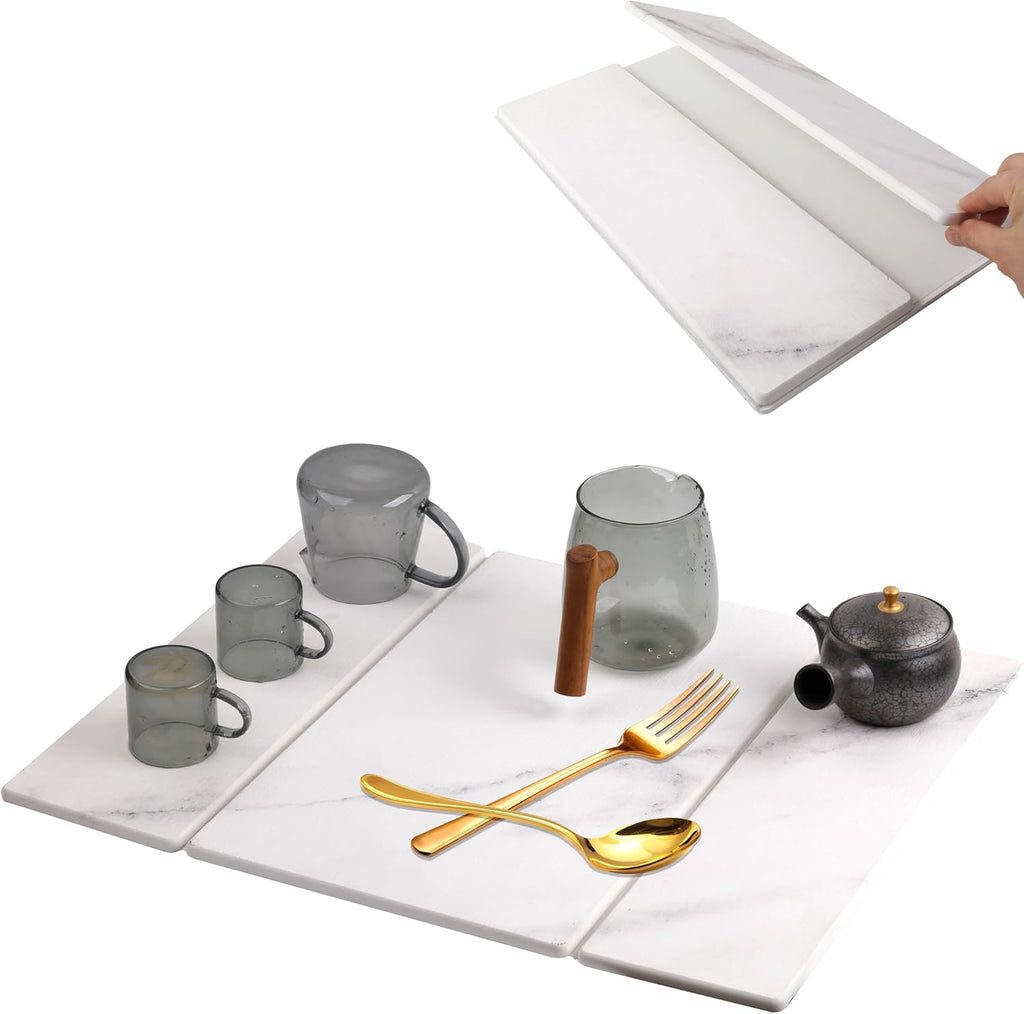 Quick Dry Collapsible Dish Drying Mat, Eco-Friendly Absorbent Diatomaceous Earth Mats for Dishes Bottles Cups 20"×16"Large Stone Dish Drying Mats for Kitchen Counter (White , 20"（L）×16"（W）)