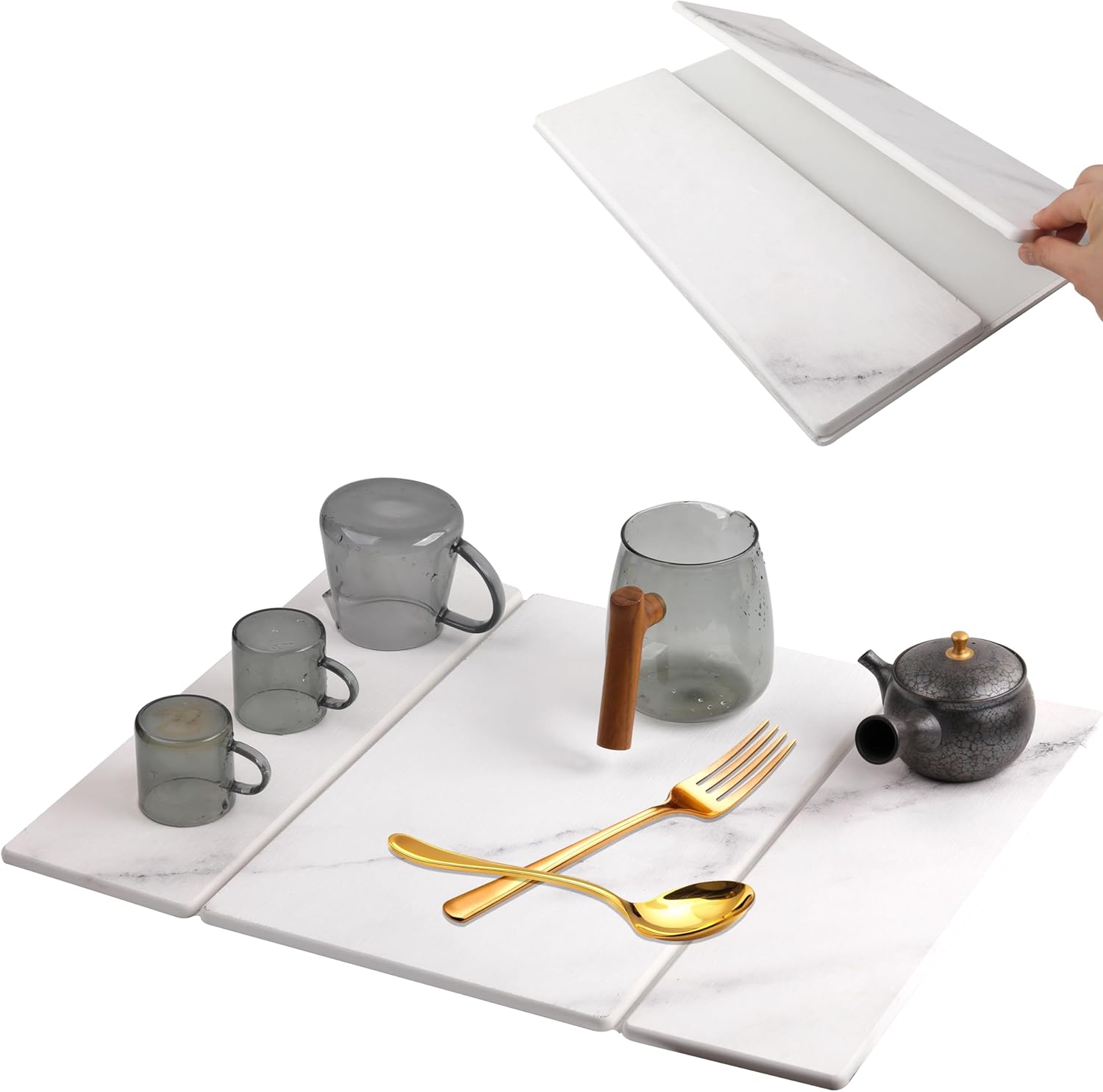 Quick Dry Collapsible Dish Drying Mat, Eco-Friendly Absorbent Diatomaceous Earth Mats for Dishes Bottles Cups 20"×16"Large Stone Dish Drying Mats for Kitchen Counter (White , 20"（L）×16"（W）)