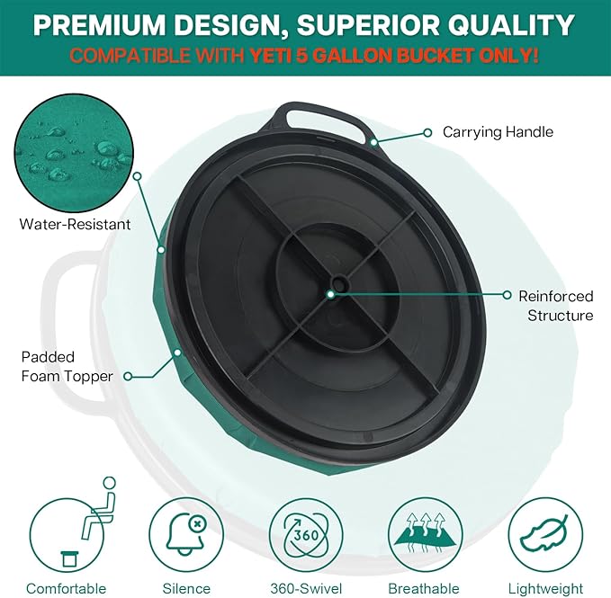 YETI 5 Gallon Bucket Seat - 360-Degree Swivel Lid, Cushion for Fishing, Hunting, Tool Organizer, Car Washing, Gardening, Camping