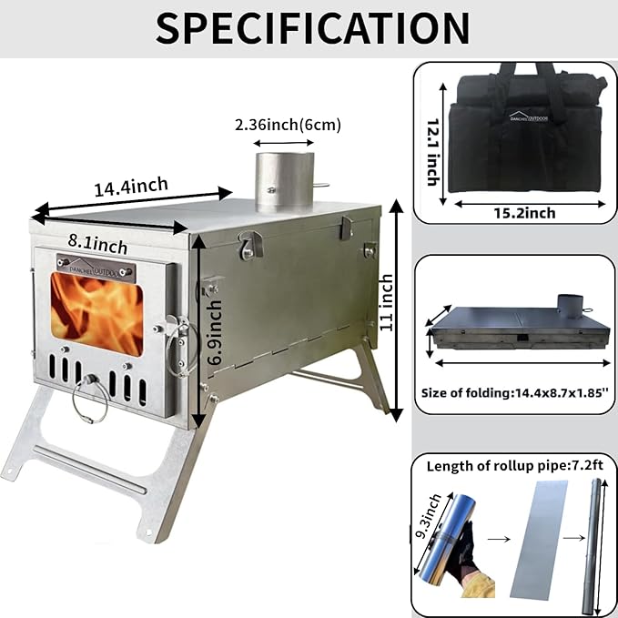DANCHEL OUTDOOR S6/SSG Folding Camping Stove, 304 Stainless Steel Wood Burning Stove with 7.2ft Chimney, Portable Hot Tent Stove Solo Camping Survival Backpacking, Lightweight & Compact Design