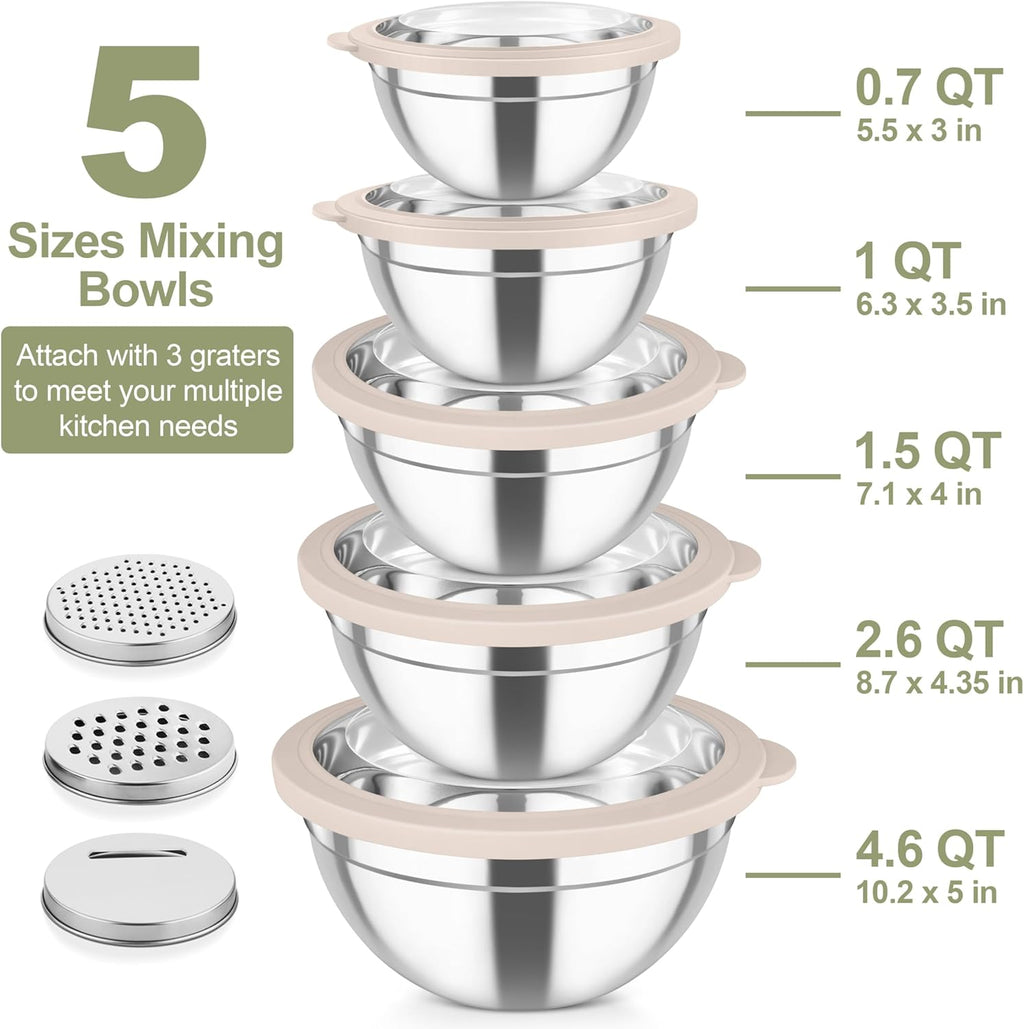 TeamFar Mixing Bowls, Stainless Steel Salad Serving Bowl with Clear Lids & 3 Graters, For Kitchen Cooking Prepping Storing, Size 4.6/2.6/1.5/1/0.7 QT, Nesting & Airtight, Set of 5 & Khaki