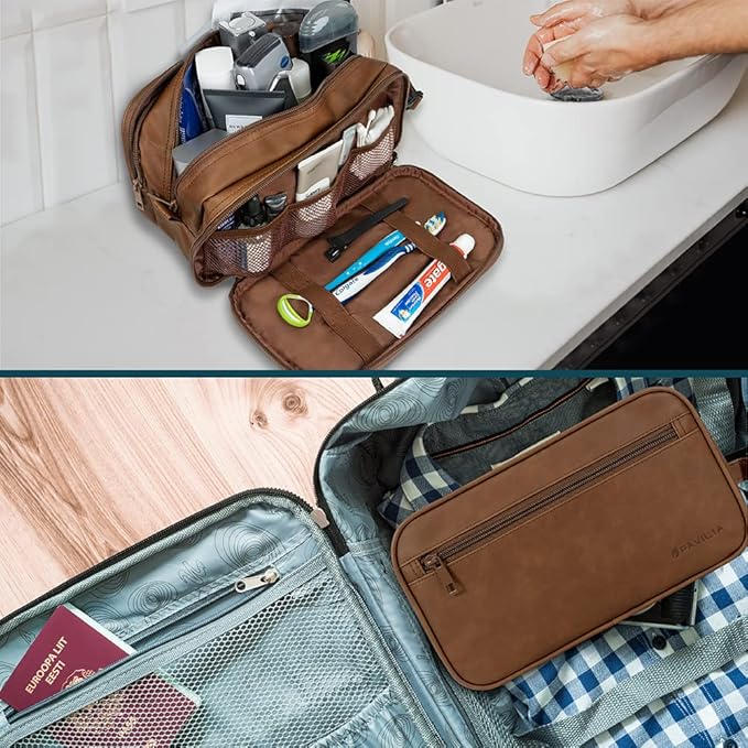 PAVILIA Toiletry Bag for Men, Travel Toiletries Bag | Water-resistant Dopp Kit, PU Leather Shaving Pouch Organizer for Accessories, Cosmetic, Hygiene, Grooming Essentials (Black)