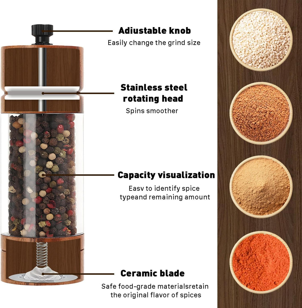 2 Pack 5.5 Inch Wood Salt and Pepper Grinder Set, Premium Acrylic Salt and Pepper Grinder Set with a Adjustable Ceramic Rotor - Made of High-Grade Acacia Wood Material
