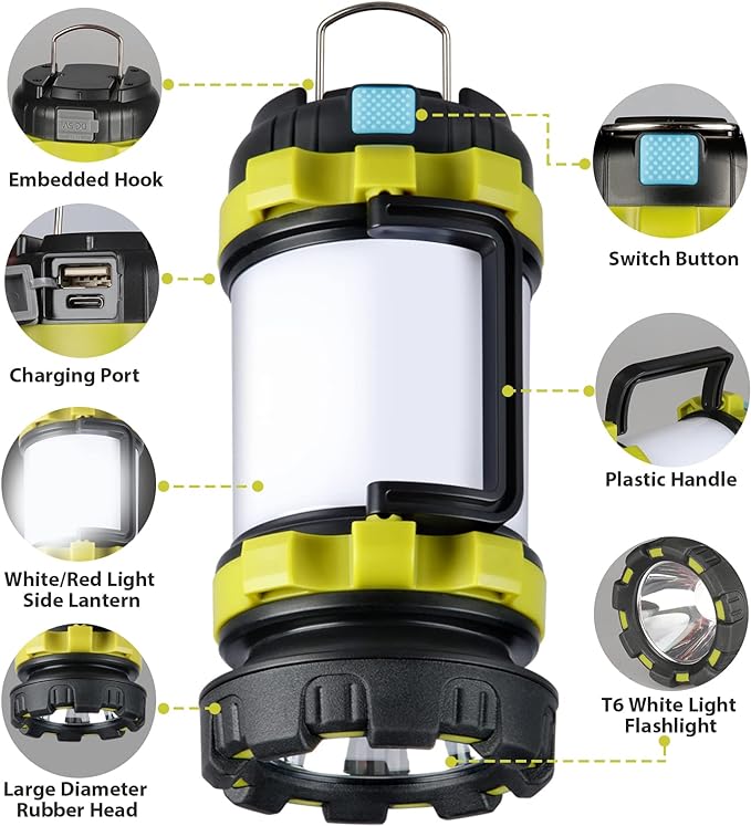 1 Pack Camping Lantern, Outdoor LED Camping Light, Rechargeable Flashlights with 1000LM, 6 Modes, 4000mAh Power Bank, IPX5 Waterproof Portable Emergency Camp Light for Hurricane Hiking - Green