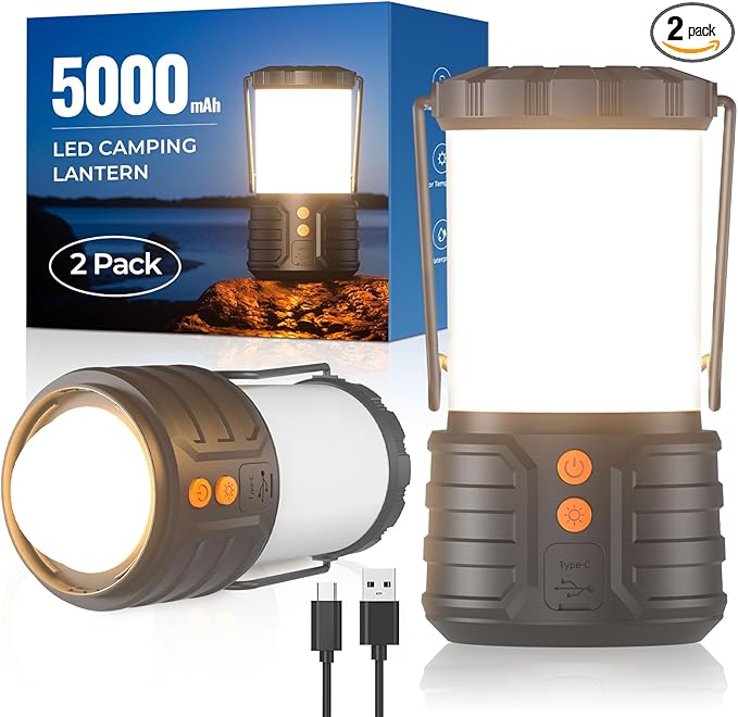 2 Pack Camping Lantern,Led Camping Lanterns,5000mAh Rechargeable Battery Emergency Lights for Power Outages,3 Colors,IPX4 Waterproof Portable Flashlight Camping Tent Light for Home or Hurricane Hiking