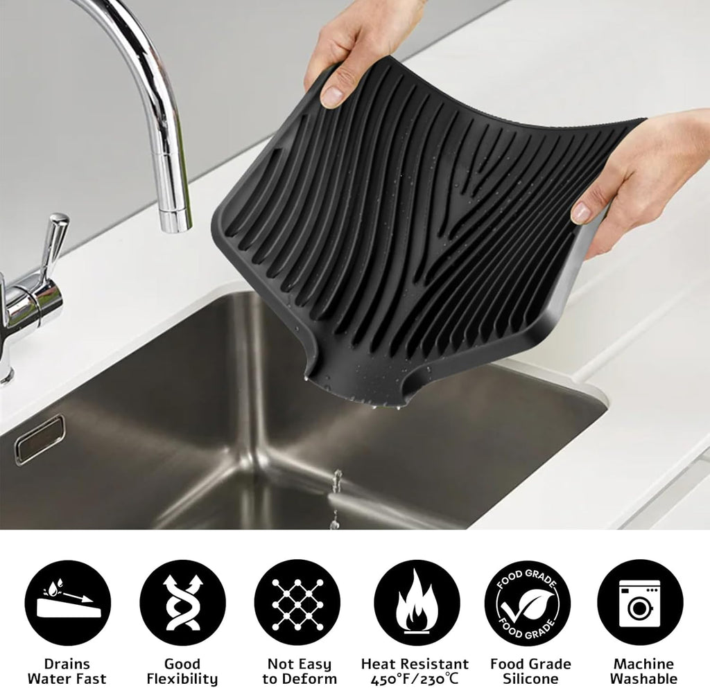 Silicone Dish Drying Mat for Kitchen Counter, Dish Drying Pad, Non-Slip Drain Pad with Built-in Drain, Heat Resistant Stone Drying Mat, 3 pcs (Black)