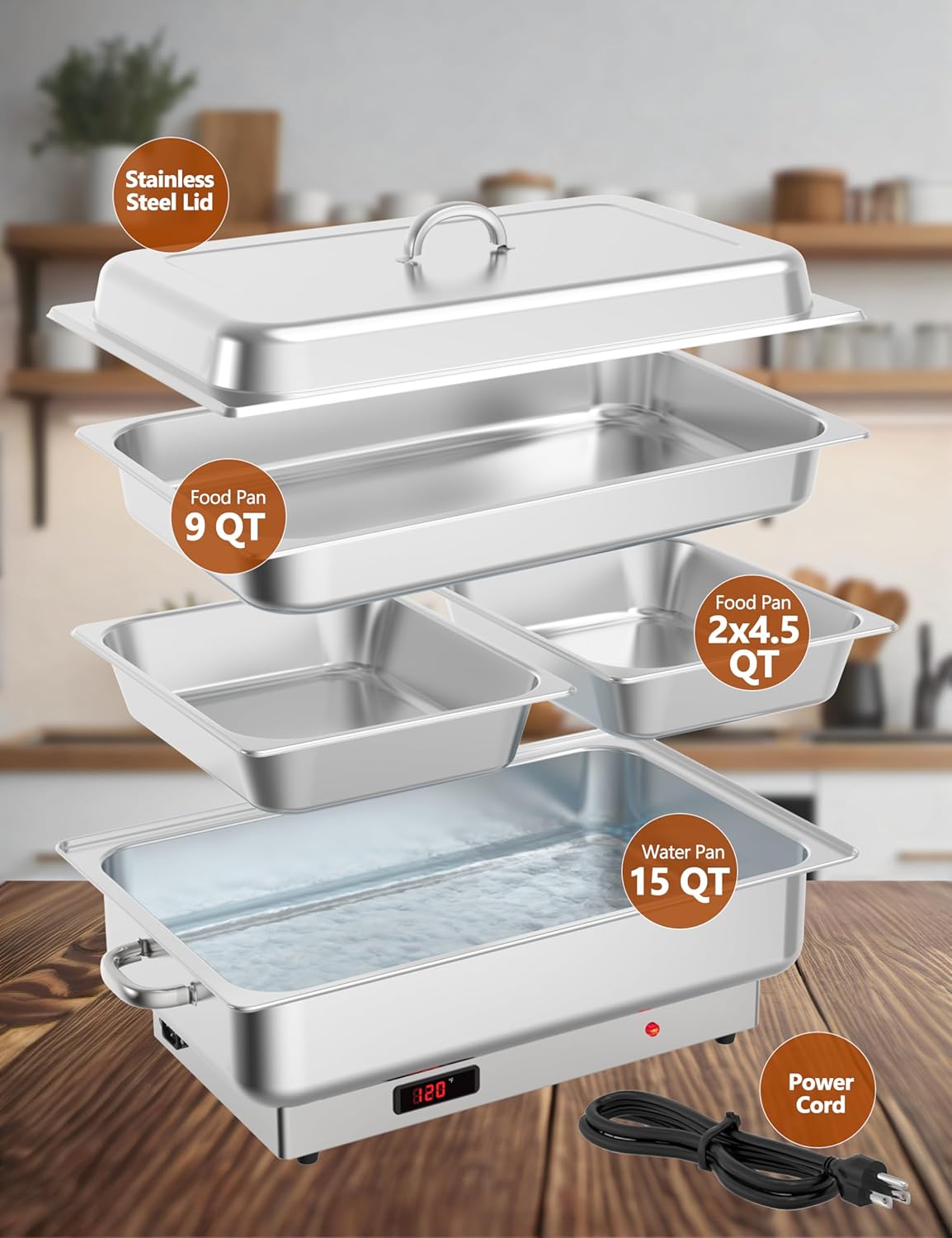 2 PACK Electric Chafing Dish Buffet Set 9QT Buffet Food Servers and Warmers Digital Display Temperature with 1 Full-size Pan & 2 Half-size Pan Stainless Steel for Parties Weddings Caterings