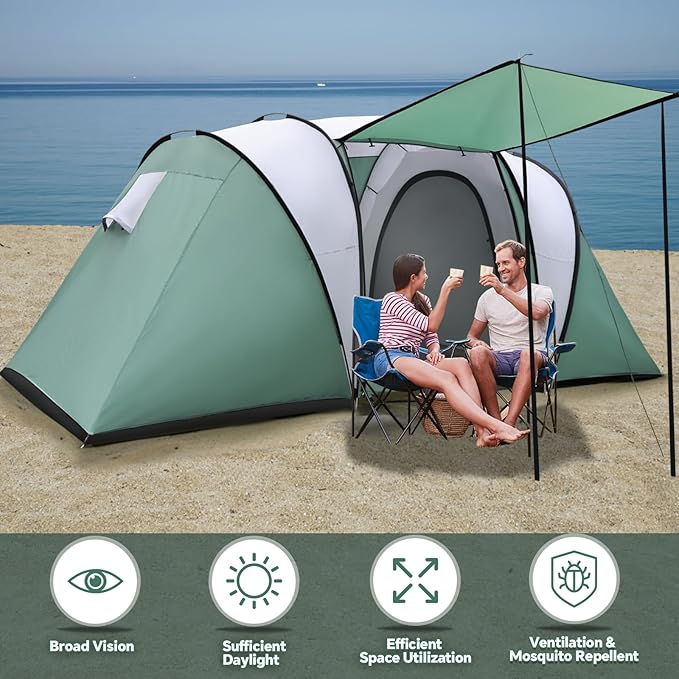 2 Room Family Camping Tent with Porch, Weatherproof Camping Shelter with Rainfly, 2-4 Person Easy Set Up Dome Tent for Outdoor, Picnic, Hiking