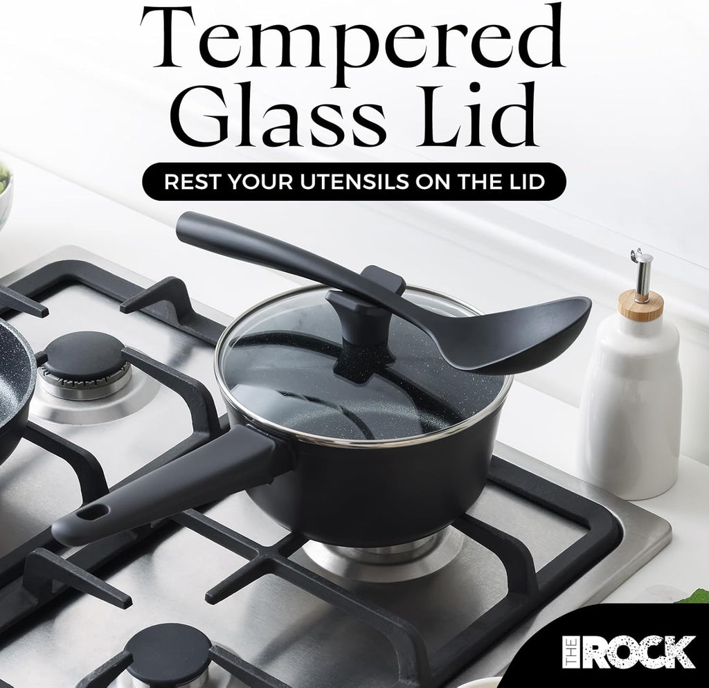 THE ROCK SOHO 2 Quart Nonstick Sauce pan with Lid – Compact & Durable Pot for Urban Kitchens, Nothing Sticks, Never Warps, Lasts Longer, Induction & Dishwasher Safe, PFOA/PFOS Free, Black