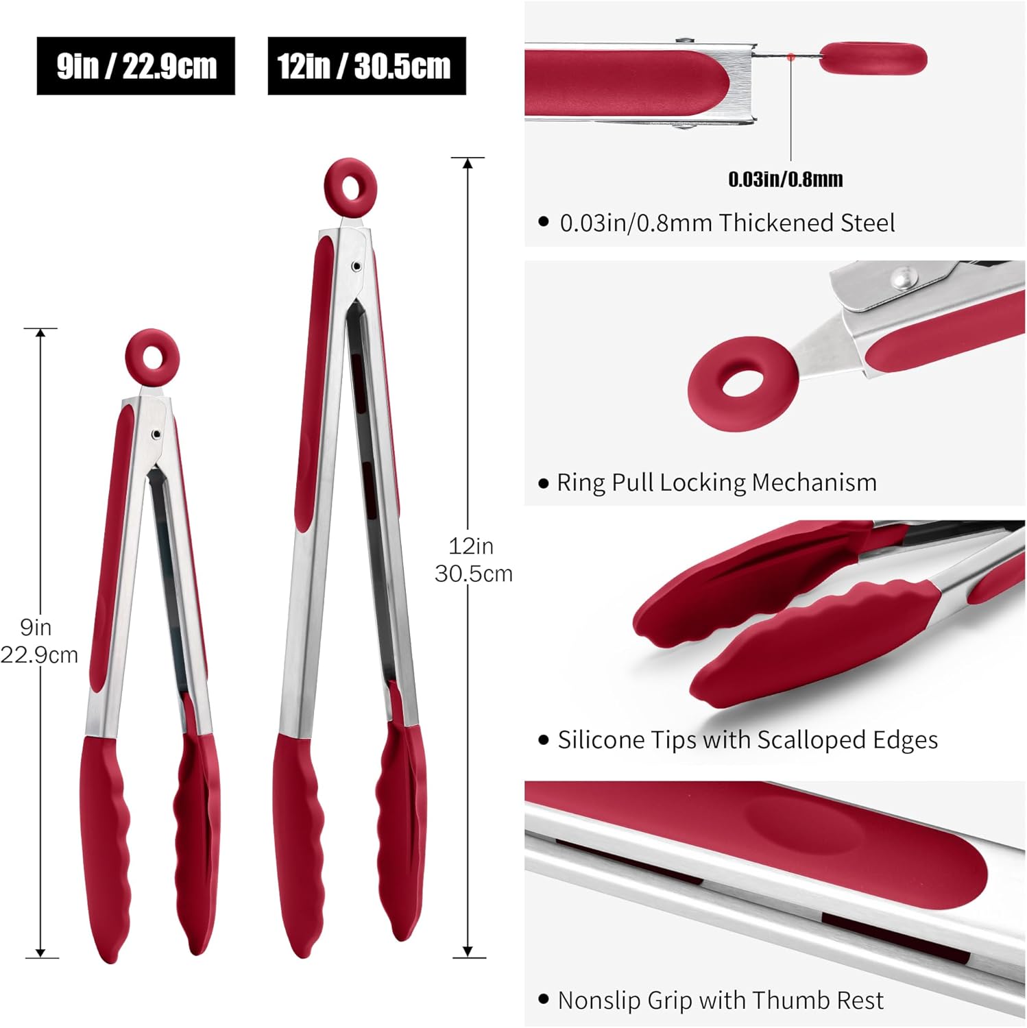 Doosu Kitchen Tongs for Cooking - 600°F Heat Resistant Food Tong Set with Non-Scratch Silicone Tips, Heavy Duty Stainless Steel Locking Tong for BBQ, Grilling Steak, Serving Salad (9+12in, Red)