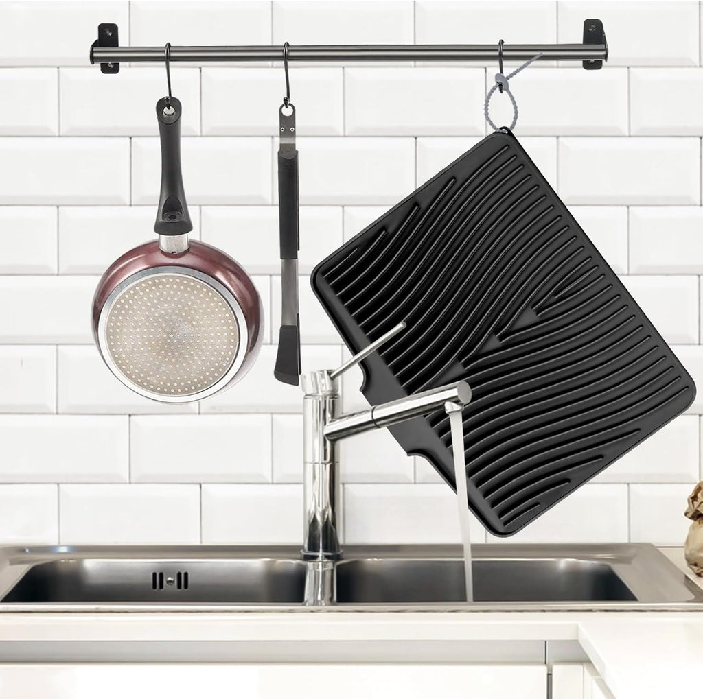 Dish Drying Mat, Stone Drying Mat for Kitchen Counter with Built-in Drain, Non-Slip Drying Matt Kitchen Counter, Heat Resistant Silicone Drying Mat, Dish Drying Pad, 2 Pcs (Black 19.7" x 17")