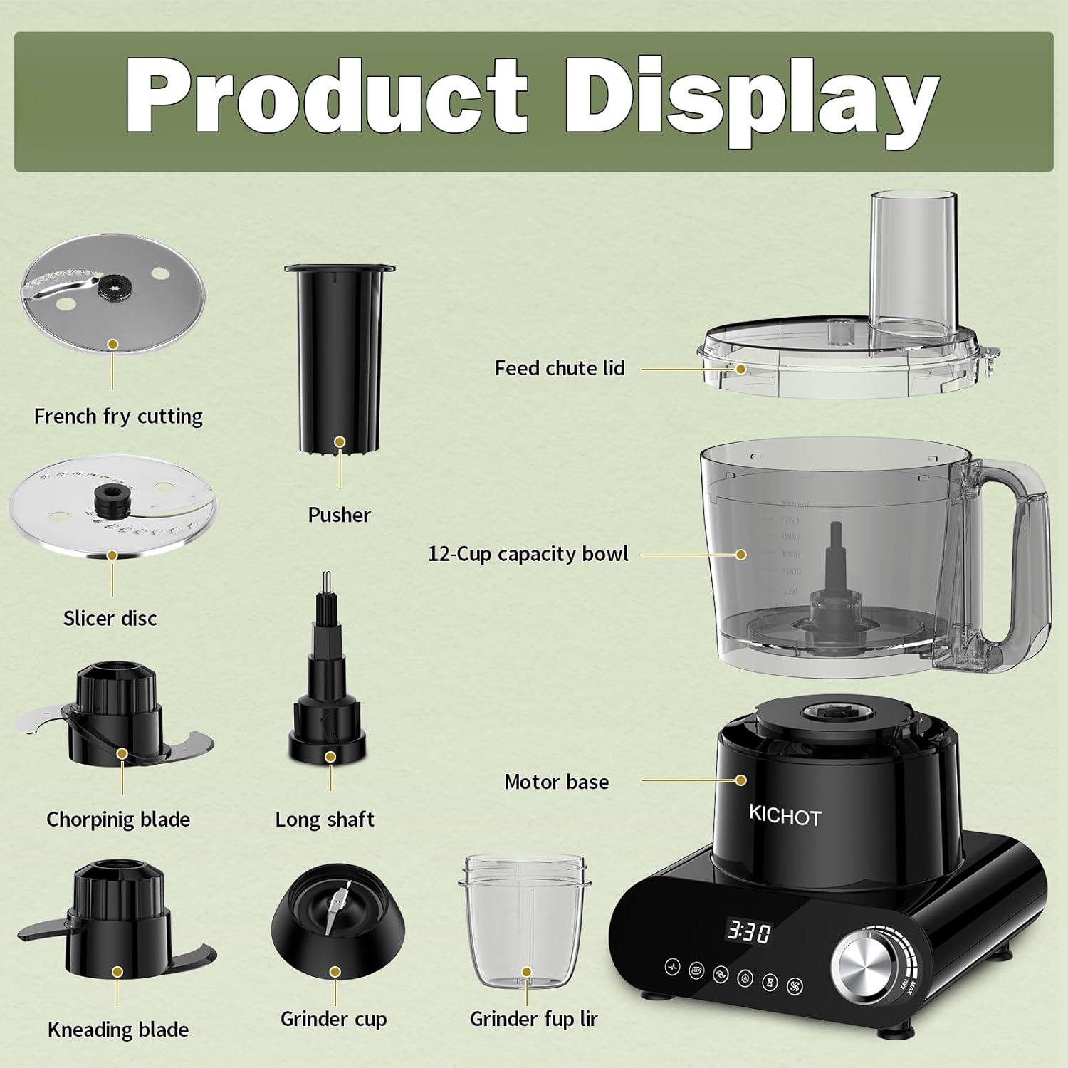 12 Cup Food Processor & Vegetable Chopper,French-Fry-Cutter, Stepless Speed,Digital Timer,Large Feed Chute,Ice Creshing,Chopping, Shredding, Slicing and Doughing,600W for Home Use,Black