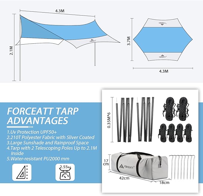 Forceatt 12x14FT Tarp with 2 Poles, Waterproof Anti-UV Camping Tarp Car Awning (UPF50+), Lightweight Sun Shelter for Car, Tent and Hammock in Hiking, Backpacking, Garden and Traveling