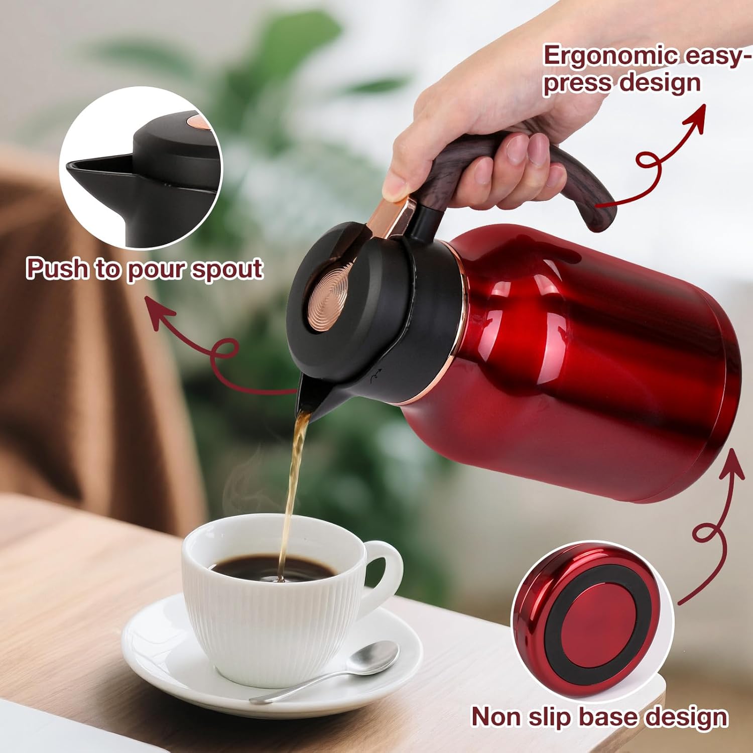 54oz Thermal Coffee Carafe, Stainless Steel Insulated Vacuum Carafe, Carafes for Keeping Hot, for Hot Water, Tea, Cold Drinks (Red)