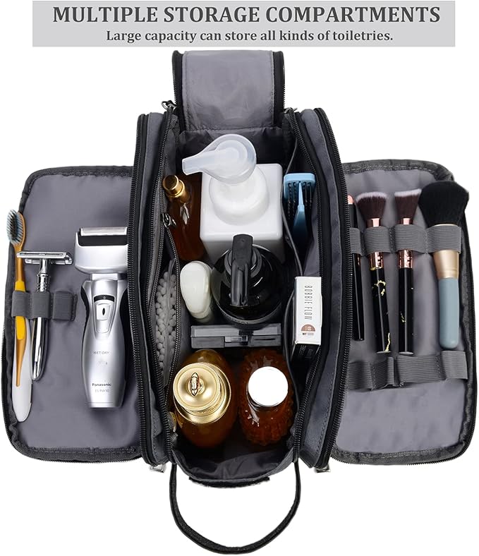 Mens Toiletry Bag Travel Leather Toiletry Organizer Dopp Kit for Men Water-resistant Shaving Bag for Bathroom (Grey)