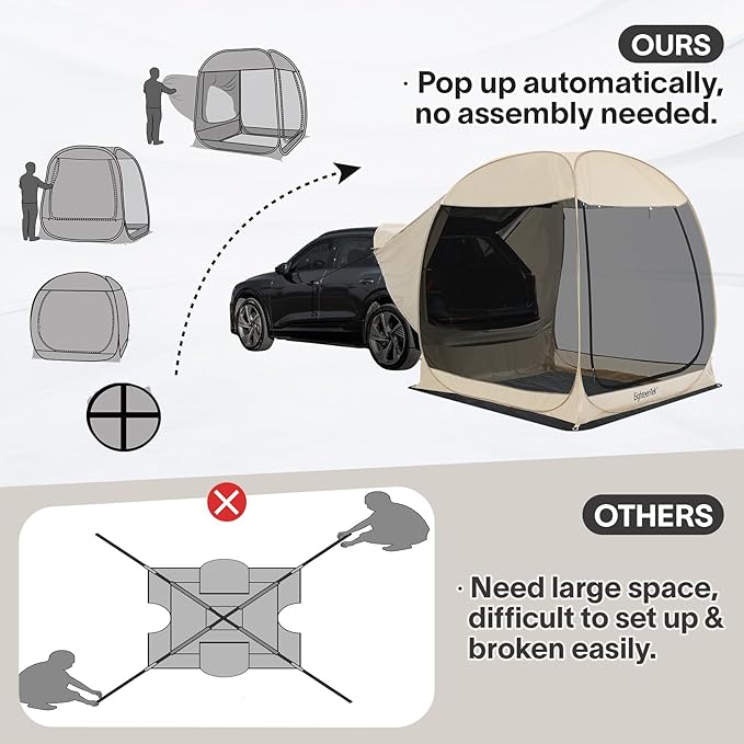 All Weather Camping Screen Tent/SUV Tent, Outdoor Pop Up Tent for Camping with Shelter Mesh & Waterproof PVC, Instant Tent Screen House Portable for Car SUV Van Camping