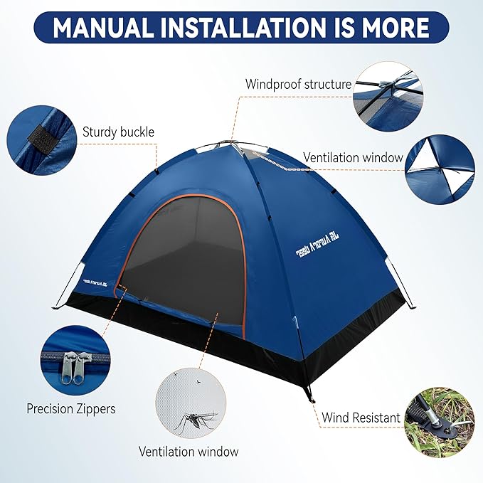 2 Person Camping Tent 4 Person Tents for Camping Windproof Tents for Camping Hiking Backpacking Traveling 2/3/4 Family People Tents for Camping Portable Tent with Carry Bag