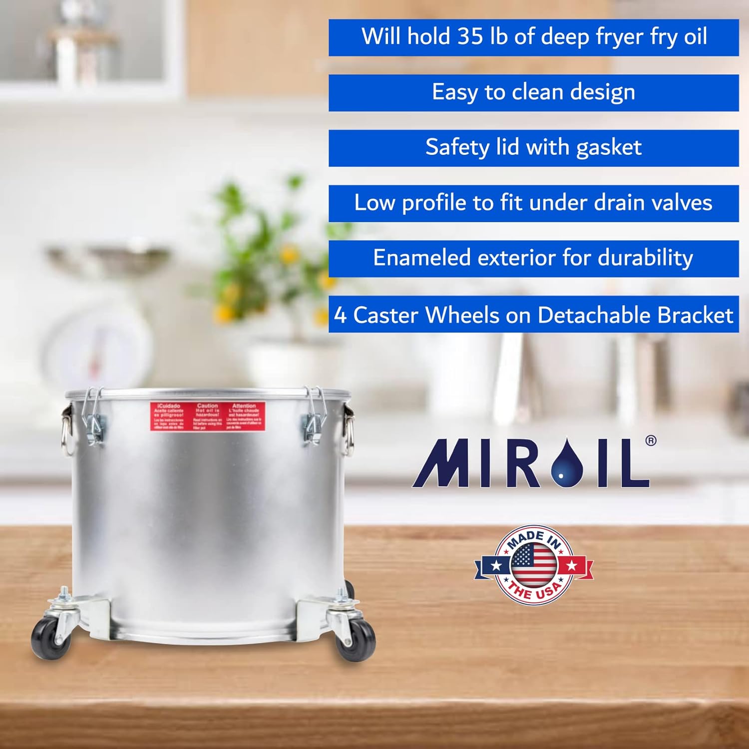 MirOil 7 Gallon Oil Disposal Caddy with Caster Wheels, USA Made Deep Fryer Grease Bucket Pot with Lid Lock & Lock Clip, 35Lb. Frying Oil Disposal Storage Container, Filtering Hot Cooking Grease - 40LC