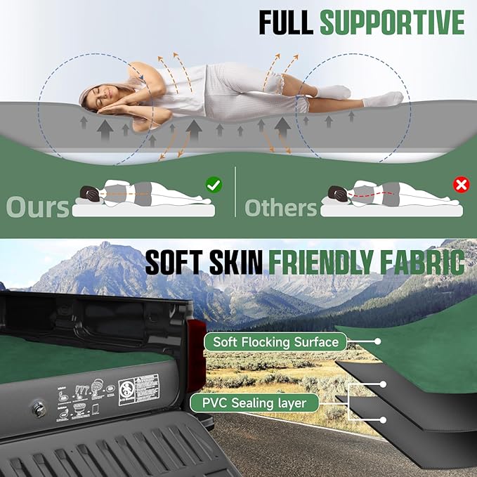 Truck Bed Air Mattress, Full Size Truck Beds, Inflatable Air Mattress with Air Pump 2 Pillows, Carry Bag, Pickup Bed Mattress for Chevrolet Silverado, Dodge Ram, Ford, Green