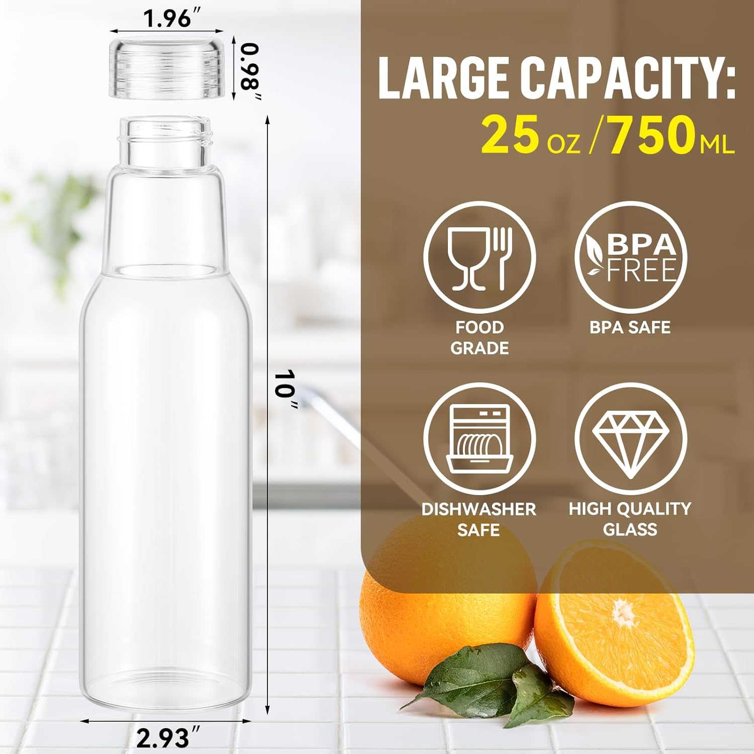 25 Oz Glass Bottles with Lids, Glass Juice Bottles, Smoothies, Water, Milks, Beverage Storage, Clear Glass Jars for Pickles, Food Storage (4 Pack)