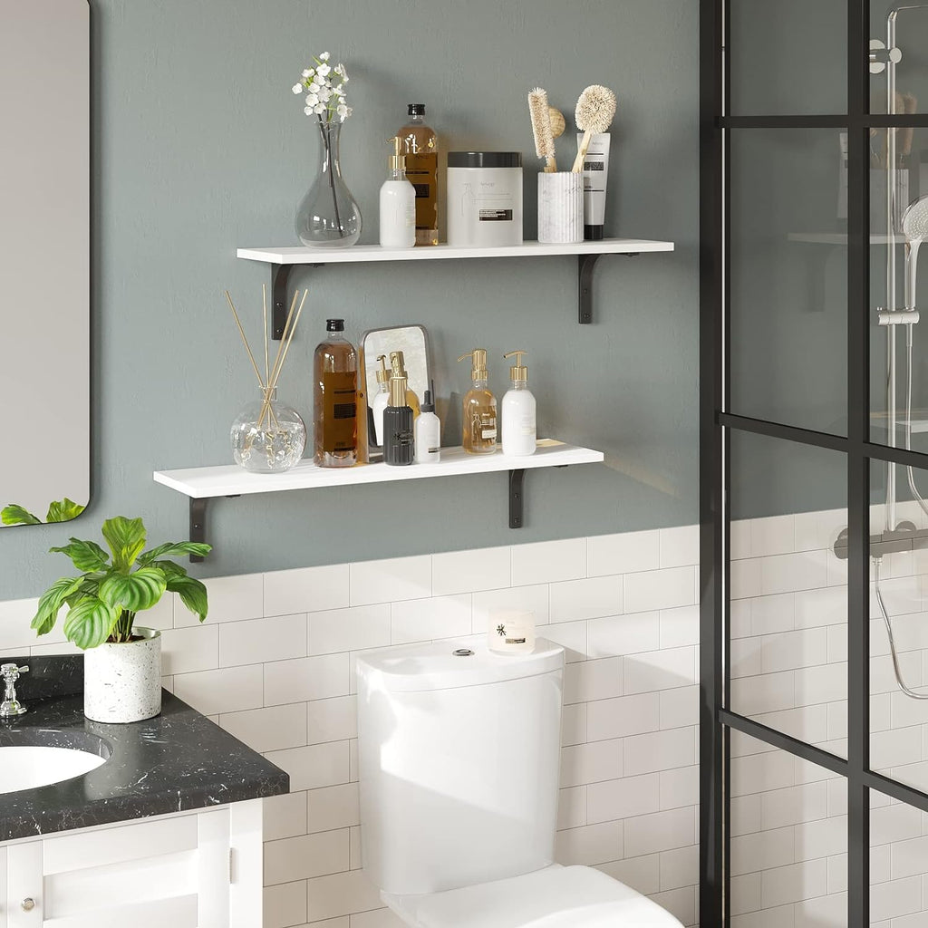 DINZI LVJ Long Wall Shelves, 31.5 x 7.9 x 6.1 Inches, Set of 2 White Floating Shelves, Easy-to-Install, Large Storage Ledges with Sturdy Metal Brackets for Living Room, Bathroom, Bedroom, Kitchen