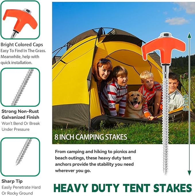 20 Pack 8" Screw in Tent Stakes for Drilling with Hex Heads - Heavy Duty Stainless Steel Tent Pegs/Nails/Spikes, Ground Anchors, Grow in Dark - for Camping, Grassland, Portable Box (Orange)