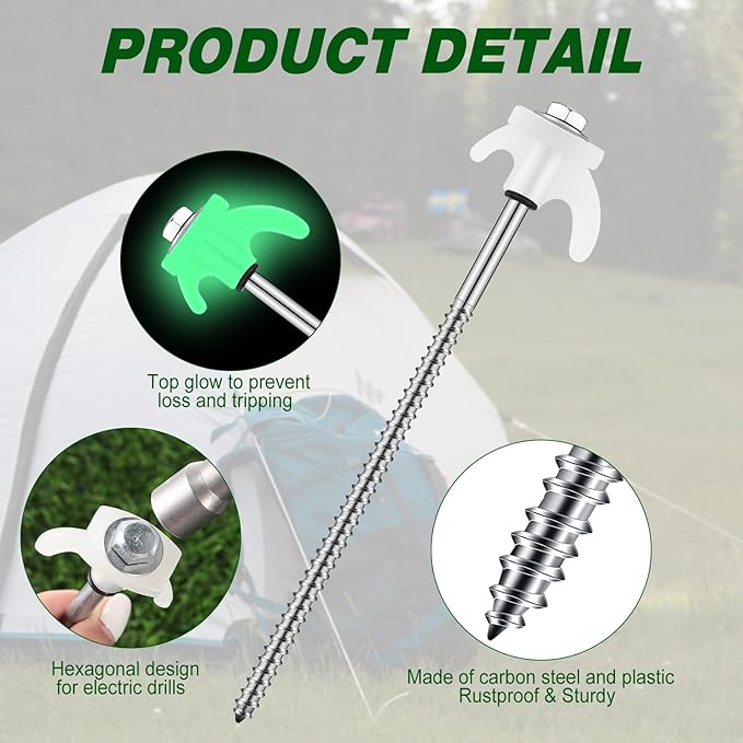 10 Pcs 8" Screw in Tent Stakes Heavy Duty Tent Stakes Drillable Ground Anchors Screw Metal Tent Pegs Threaded Tent Spikes with Head Driver for Swing Inflatable Decor (Illuminant White)