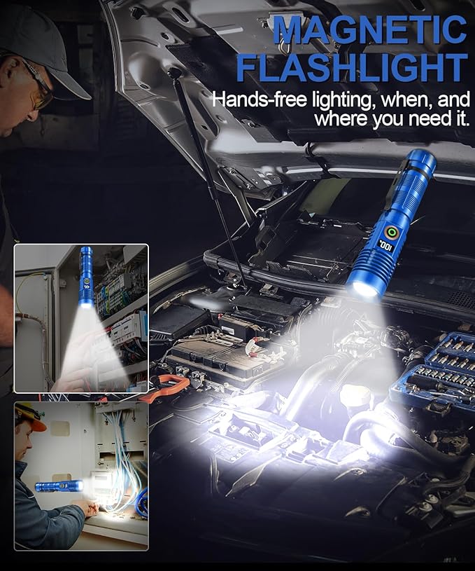 Rechargeable Flashlight High Lumens-12000LM Super Bright Magnetic Flash Light with Power Digital Display,3280Ft Long Range,Dimmable,Waterproof,Pocket Tactical LED Flashlights for Emergency, Blue, 1PC
