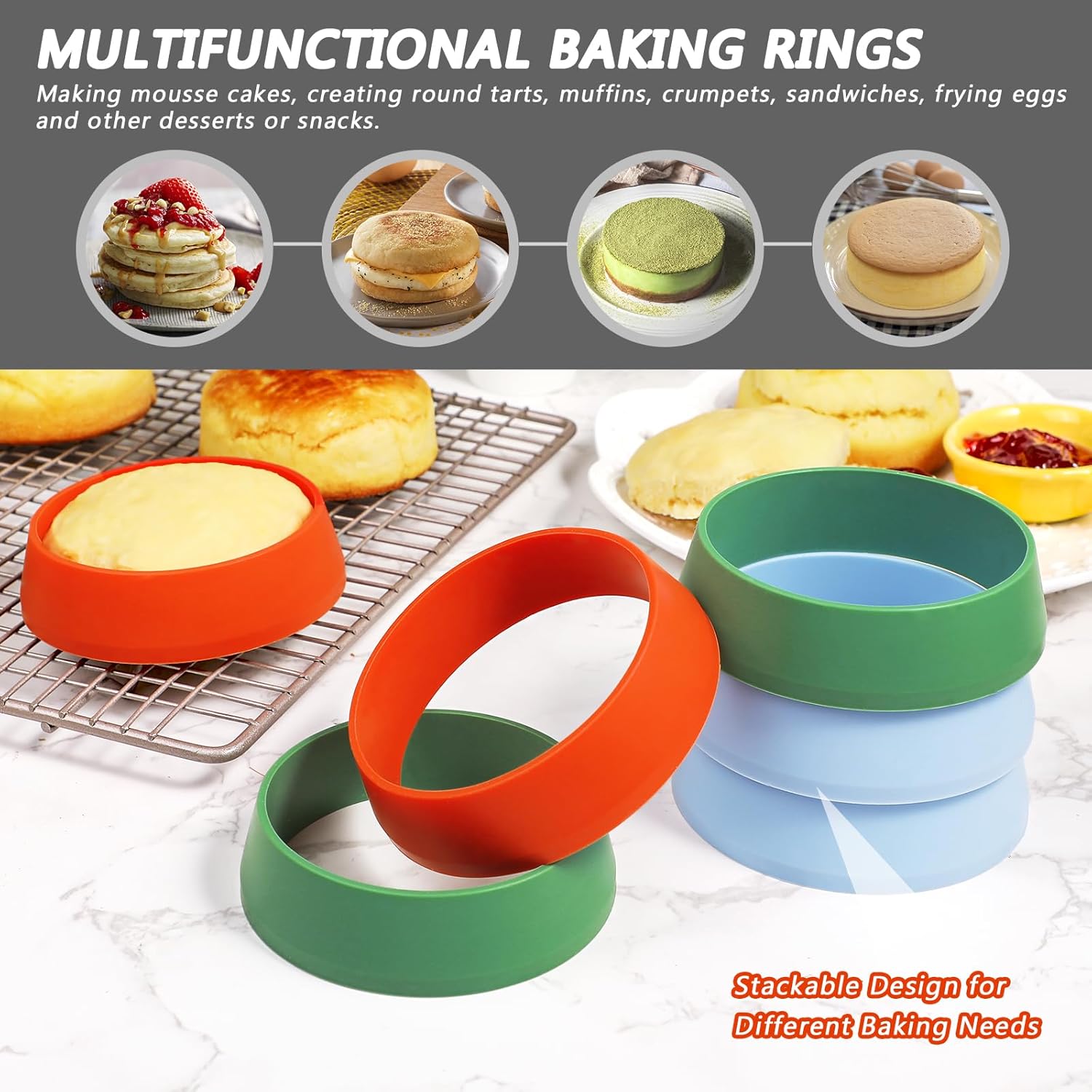 KOLUTI 6 Pack 3.15 Inch Nonstick Silicone English Muffin Rings, Durable Round Frying Egg Patty Omelette Cooker Mold, Circle Ring for Crumpet Pancake Pastry Cookie Baking, BPA Free and 3 Colors