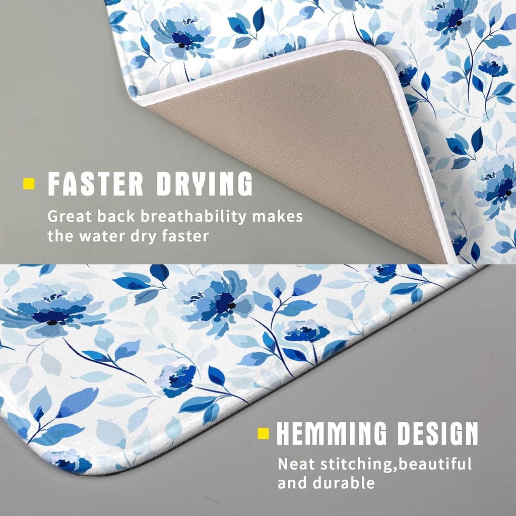 Blue Floral Dish Drying Mat 16x18 inch Flower Leaves Dish Rack Pad Microfiber Washable Dishes Drainer Pad Kitchen Countertop Accessories