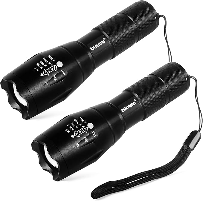 BINWO 2pack Small Zoomable Water-Resistant Tactical LED Flashlights 3000 Lumens -with 5 Modes for Camping/Biking/Hiking/Outdoor/Home/Emergency