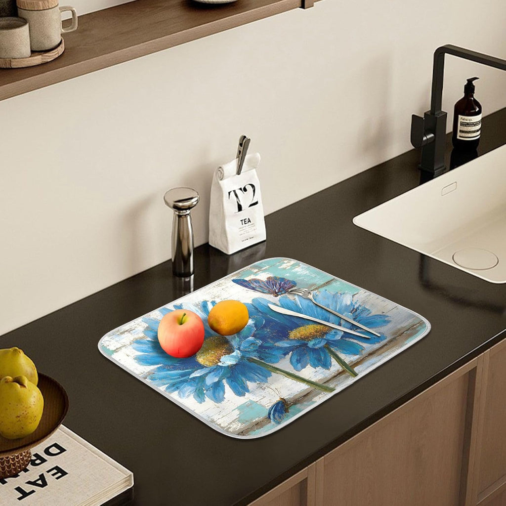 Rustic Daisy Blue on Vintage Wooden Dish Drying Mat for Kitchen Counter Absorbent Microfiber Small Drying Pad Dish mats for Kitchen Countertops 16 x 18 Inch