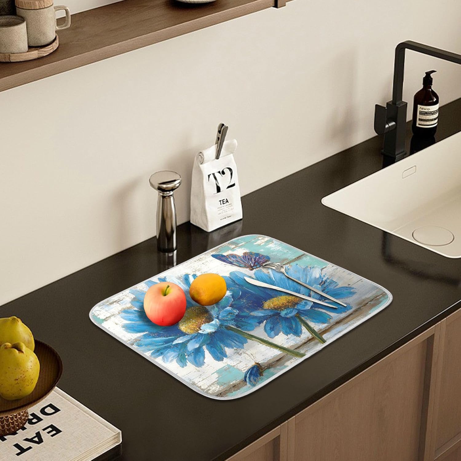 Rustic Daisy Blue on Vintage Wooden Dish Drying Mat for Kitchen Counter Absorbent Microfiber Small Drying Pad Dish mats for Kitchen Countertops 16 x 18 Inch