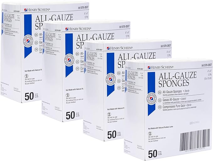 Premium 100% Cotton All-Gauze Sponge 4x4 12 Ply Sterile Square for Wound Care & Home First Aid Kits - 200/Box