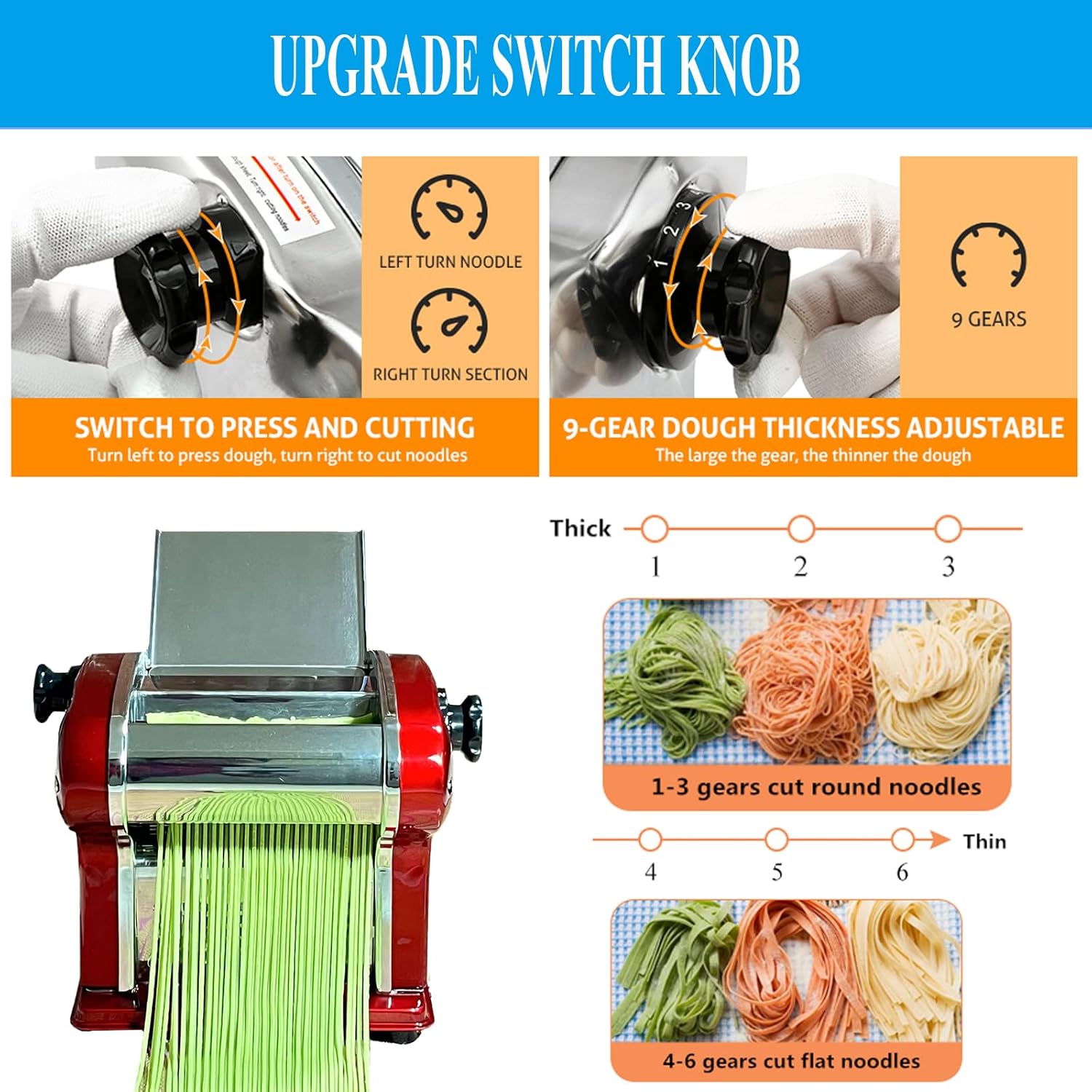 XINGYUEXUAN Electric Pasta Maker Noodle Machine with 1 Blades of 2.5 mm Round, 9 Gear Thickness Adjustment 0.3-4 mm for Pasta Noodle Dumpling (red)