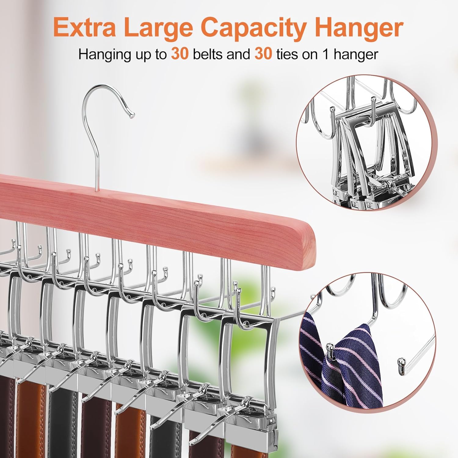 TOPIA HANGER Cedar 2 in 1 Belt Tie Hanger for Closet Max 30 Belts with 30 Ties Capacity, 20 Hooks Belt Tie Racks Hanger for Closet Organizer Storage “U” Fit Belt and “一” Fit Tie - CT53C