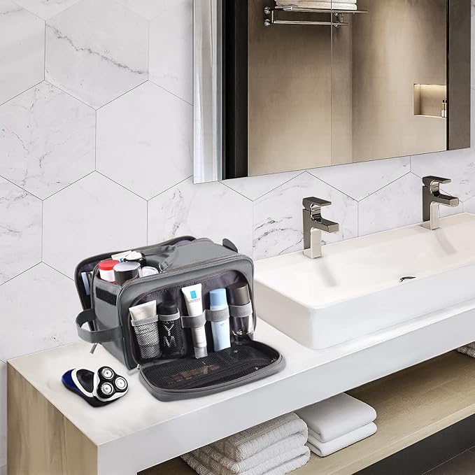 Buruis Extra Large Toiletry Bag for Men, Travel Toiletry Organizer Dopp Kit Water-resistant Shaving Bags, PU Leather Cosmetic Bathroom Shower Bag for Toiletries, Grooming, Accessories (Grey)