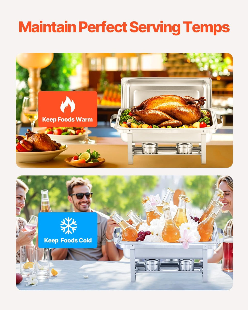 VEVOR Chafing Dish Buffet Set, 8 Qt 4 Pack, Stainless Chafer with 4 Full Size Pans, Rectangle Catering Warmer Server with Lid Water Pan Folding Stand Fuel Tray Holder Spoon Clip