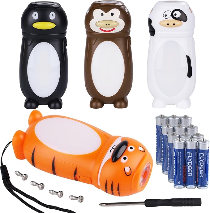 KunHe 4 Pack Animal Flashlights Stocking Stuffers Kids Small Mini LED Flashlight Camping Essentials for Kids Toddlers Lantern Cute Flashlight Christmas Gift for Girls Boys
